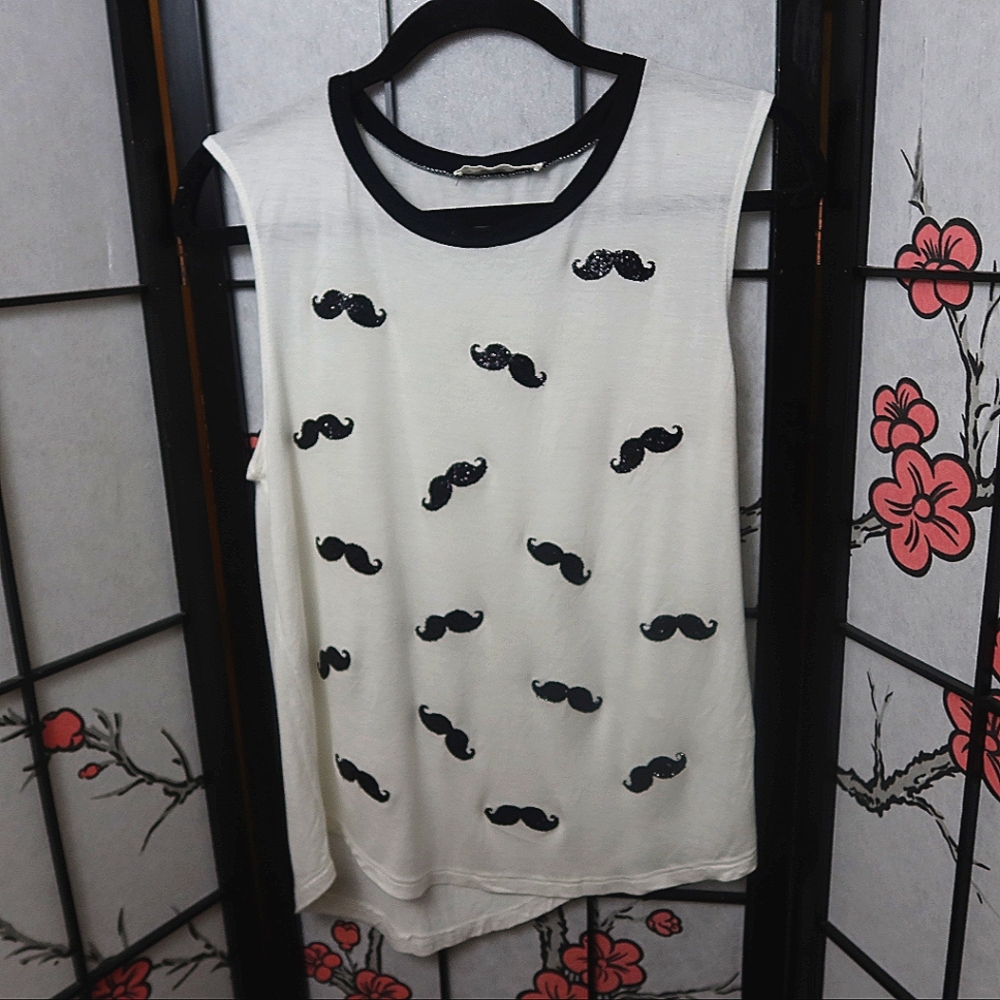 It Closet White Sleeveless Tank Top with Black Sequin Mustache Design